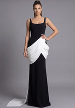 Designer evening gown with asymmetrical white fabric drape