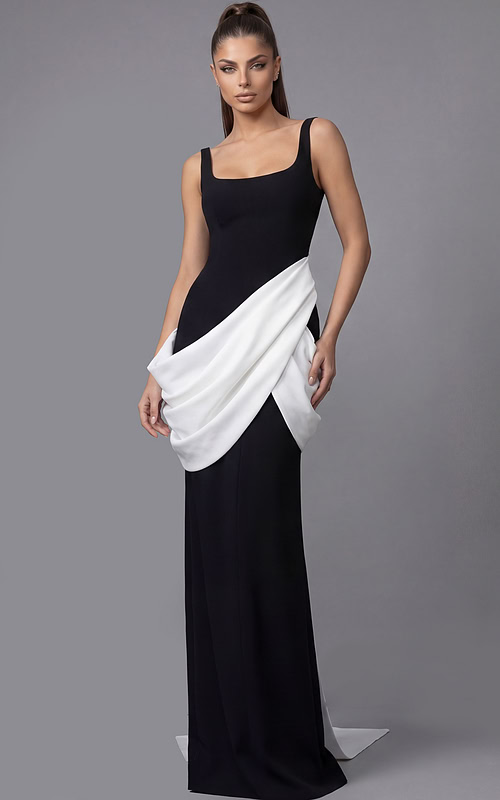 Sleeveless black formal gown with sculpted silhouette