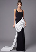 Black column gown with white draped sash detail