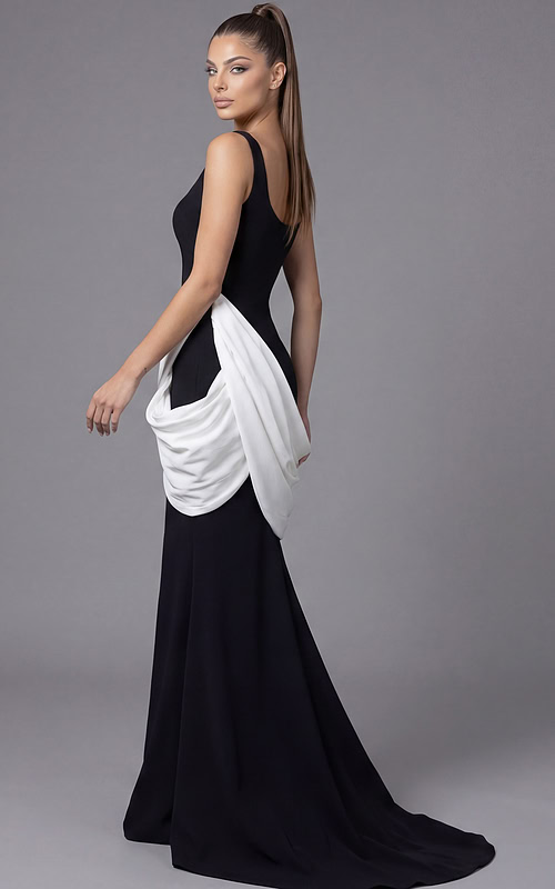 Sophisticated black floor length dress with statement draping