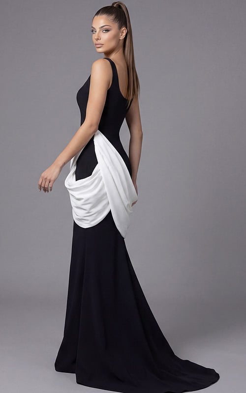 Sophisticated black floor length dress with statement draping