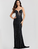 Striped Beaded Sheer Corset Gown with Fitted Train 45624