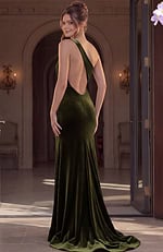 back view of fitted prom dress with open v back and thin straps