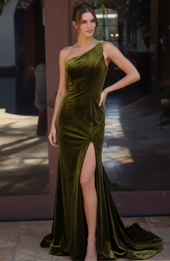 glamorous prom dress front view with slim silhouette and sparkling fabric