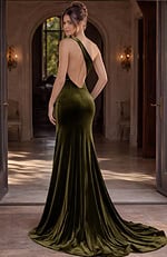sleeveless formal gown with plunging neckline and fitted long design