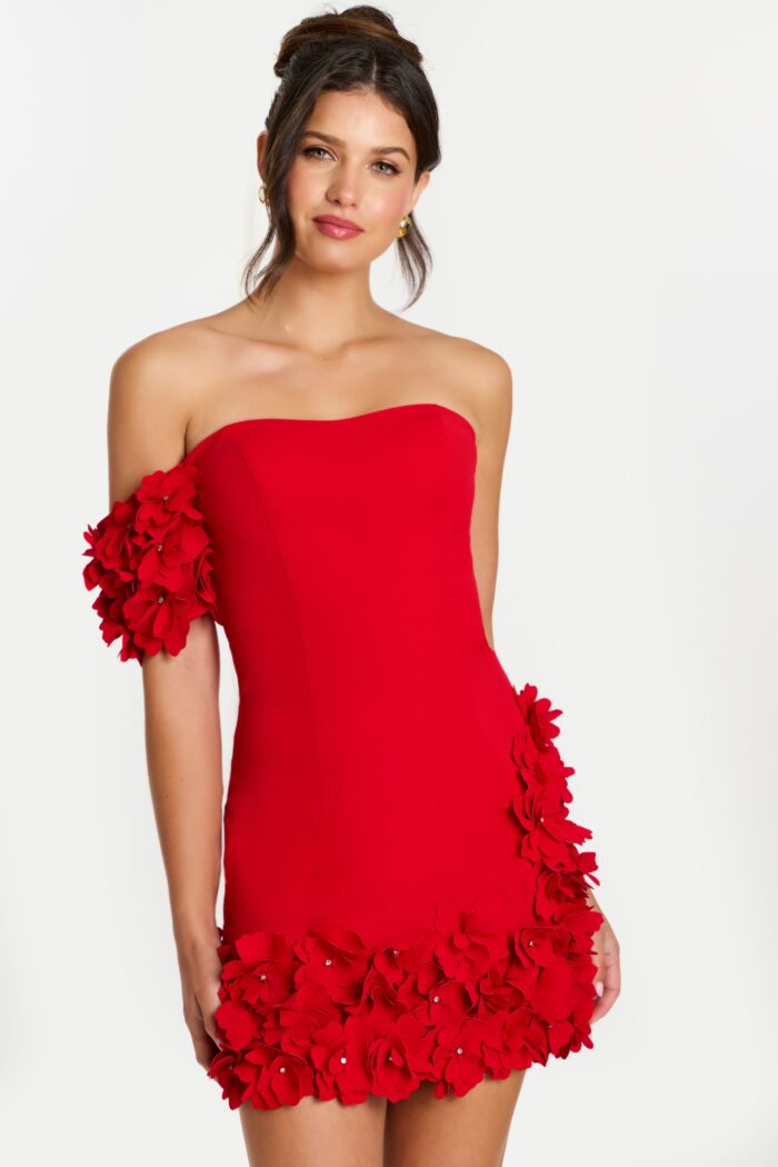 Front view of strapless red mini dress with floral appliqués