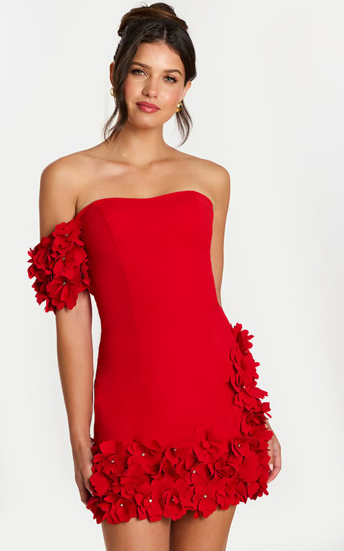 Front view of strapless red mini dress with floral appliqués