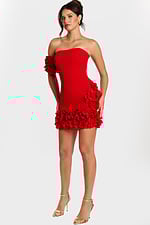 Full body view of red fitted mini dress with 3D flower trim