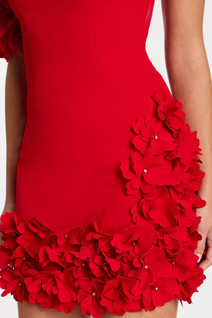 Close-up of red floral appliqués and rhinestone embellishments