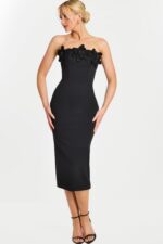 Strapless black midi dress with floral beaded appliqué on bodice