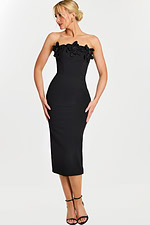 Strapless black midi dress with floral beaded appliqué on bodice