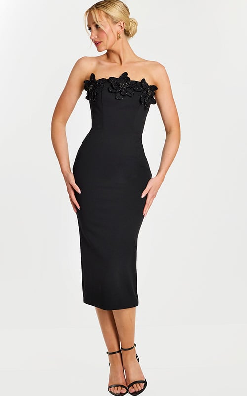 Strapless black midi dress with floral beaded appliqué on bodice