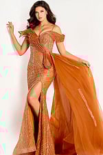 Detailed view of an off-shoulder beaded gown with intricate geometric patterns, sculpted ruffle design, and sheer tulle accent.