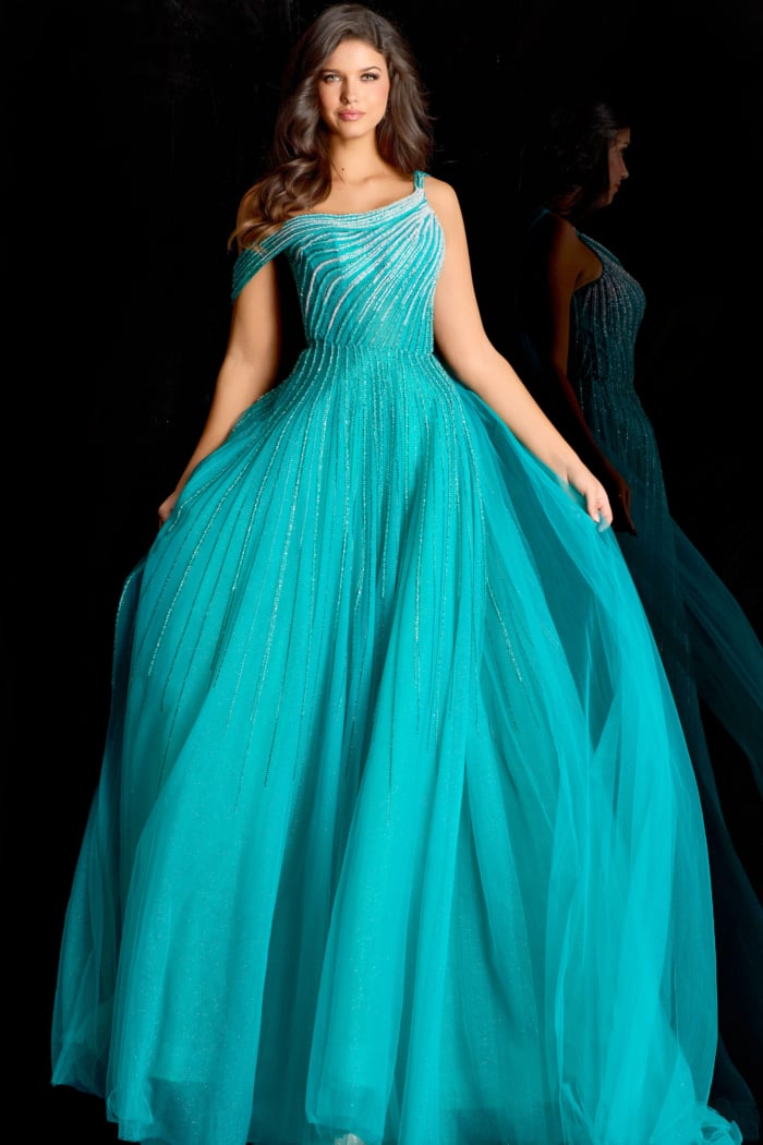 Sparkling formal dress featuring asymmetrical neckline and cascading back drape