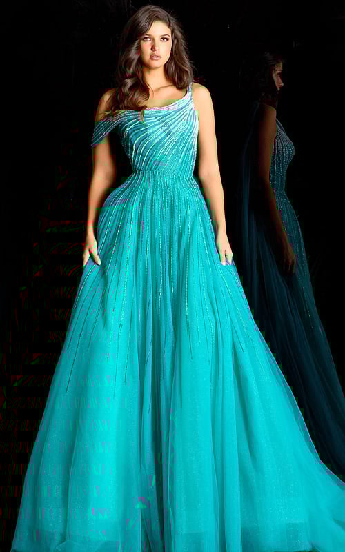 Elegant beaded ball gown with draped shoulder strap and full tulle skirt