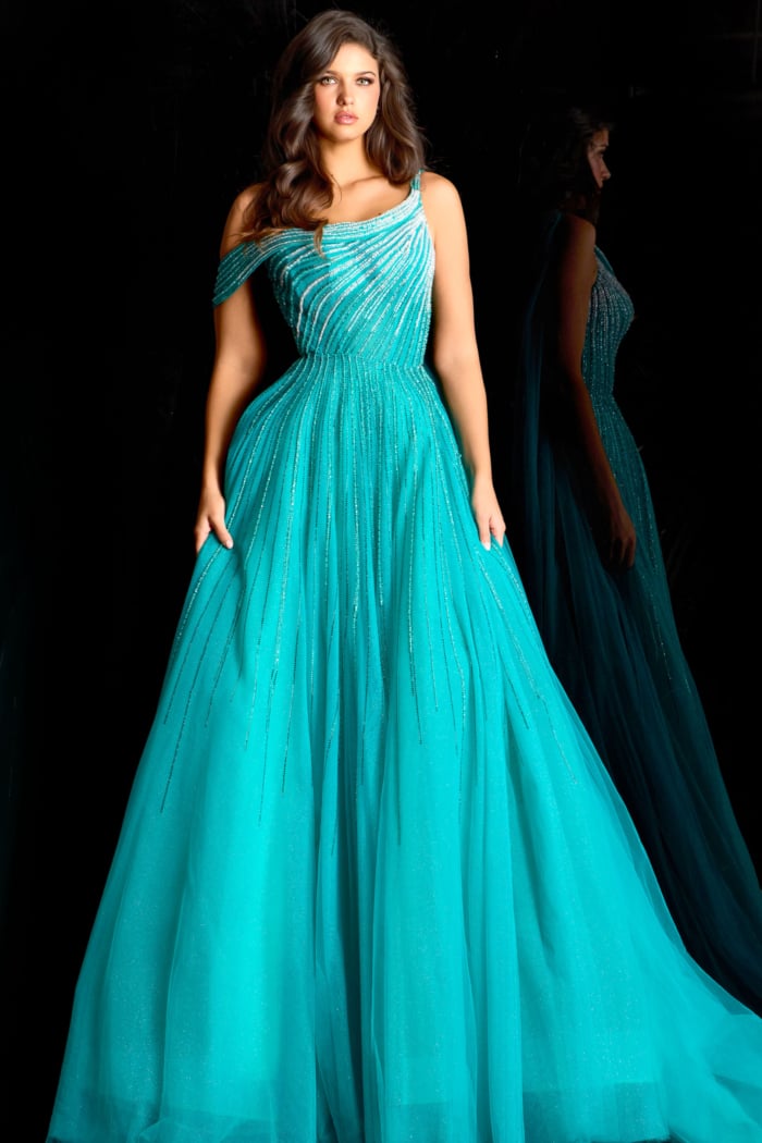Elegant beaded ball gown with draped shoulder strap and full tulle skirt