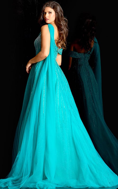 One shoulder tulle gown with shimmering bead lines and flowing skirt