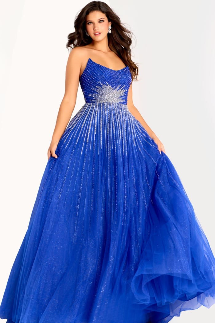 blue strapless a line dress