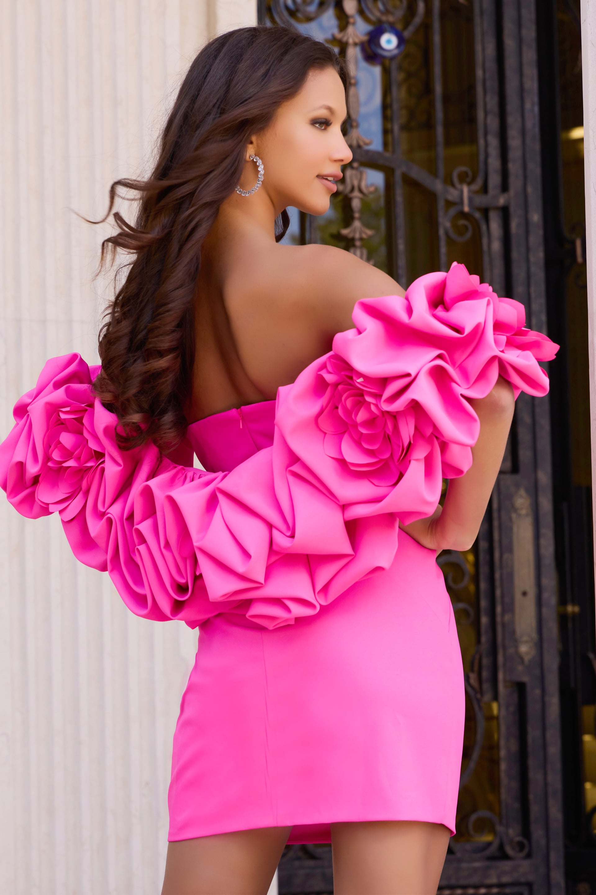 45652_FUCHSIA_050 Strapless fitted mini dress with bold 3D floral sleeves