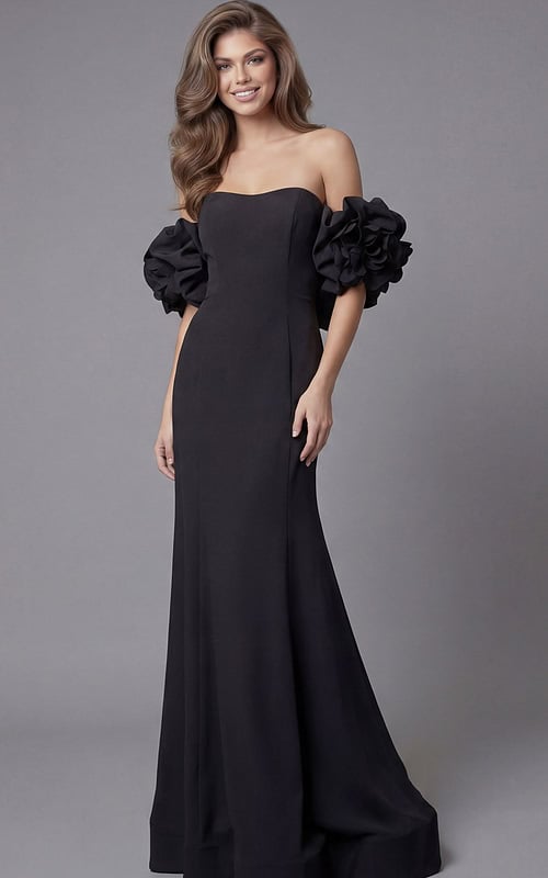 Jovani 45653 black off-the-shoulder mermaid evening gown with sweetheart neckline, dramatic oversized ruffle puff sleeves, and floor-length fitted silhouette.