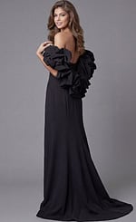 Back view of Jovani 45653 black mermaid gown showcasing voluminous sculptural ruffle off-the-shoulder sleeves, open back, and sweeping train.