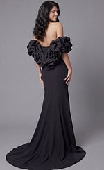 Jovani 45653 black strapless mermaid gown with statement oversized ruffle puff sleeves, structured sweetheart bodice, and extended floor-sweeping train.