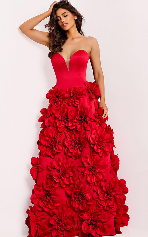 Floral ball gown with plunging neckline in red