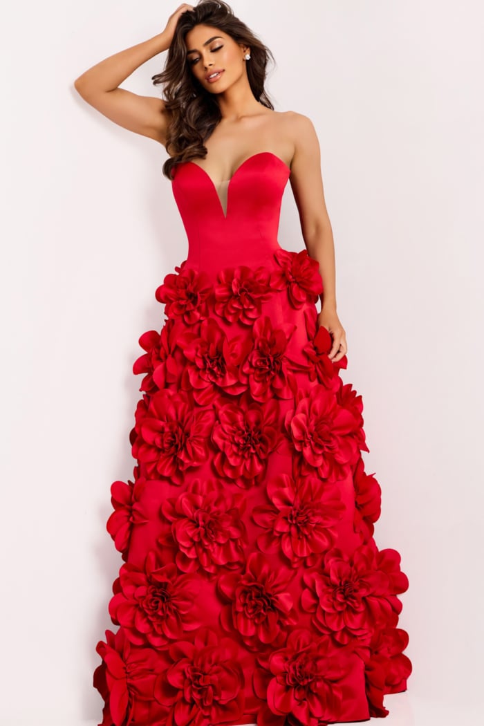 Floral ball gown with plunging neckline in red