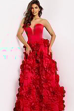 Red strapless prom dress with 3D flower details