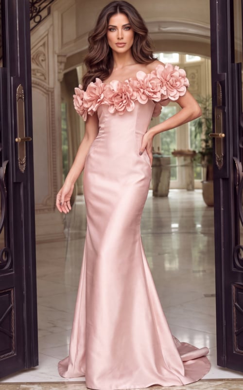Blush satin trumpet gown shown full length with flared skirt and sweep train