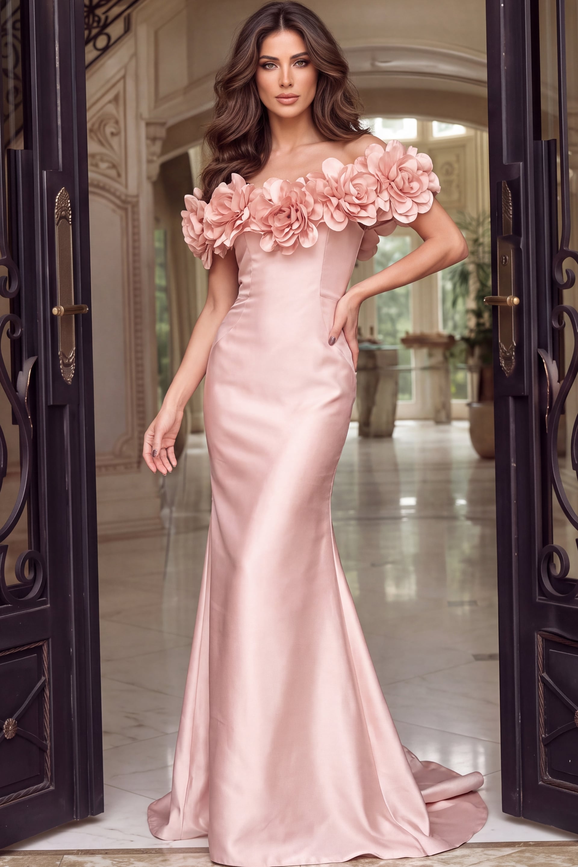 Blush satin trumpet gown shown full length with flared skirt and sweep train