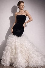 glamorous prom dress front view with shimmering fabric and slim fit