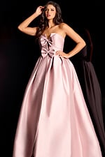 Sophisticated satin evening dress with sweetheart neckline and dramatic bow detailing