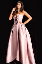 Elegant blush satin dress featuring structured bodice and layered high low hem