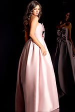 Strapless satin ball gown with cascading front bows and full pleated skirt