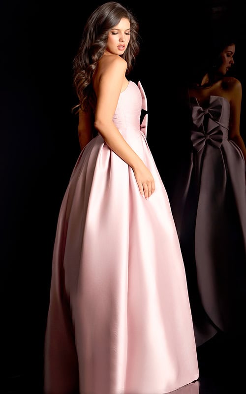 Strapless satin ball gown with cascading front bows and full pleated skirt