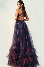 Romantic gown with strappy back, floral print, and cascading ruffles