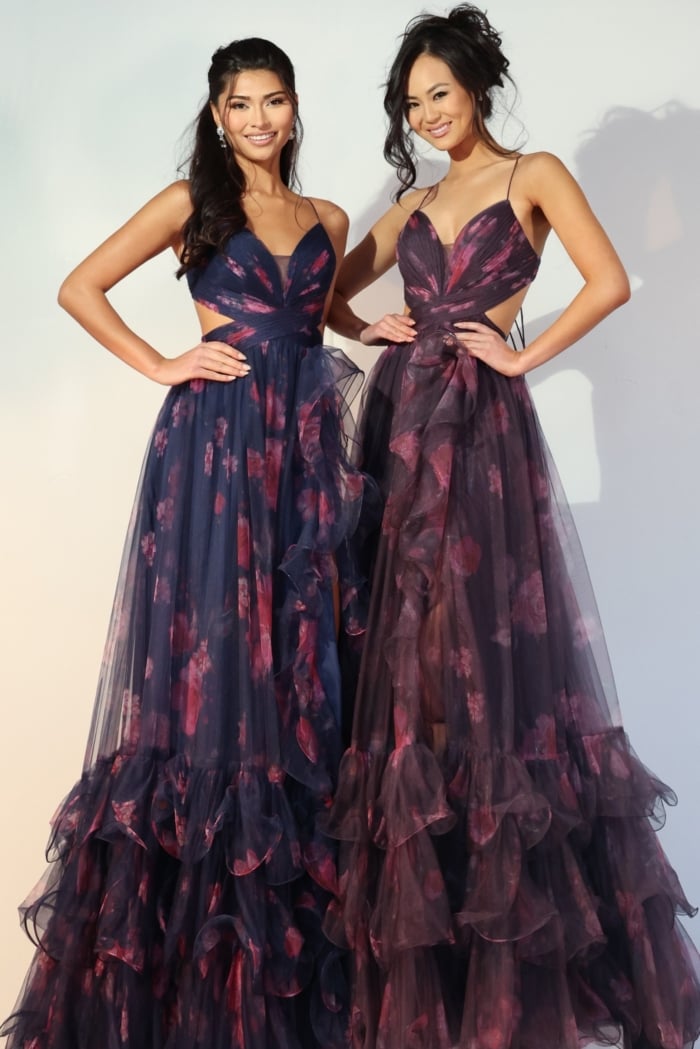Floral print tulle gown with layered ruffled hem and open back