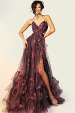 Flowing floral evening gown with sheer tulle layers and soft ruffles