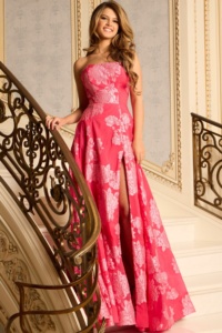 Strapless Jacquard Gown With Floral Details And Slit