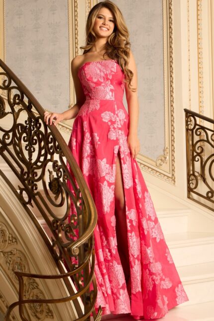 Strapless Jacquard Gown With Floral Details And Slit