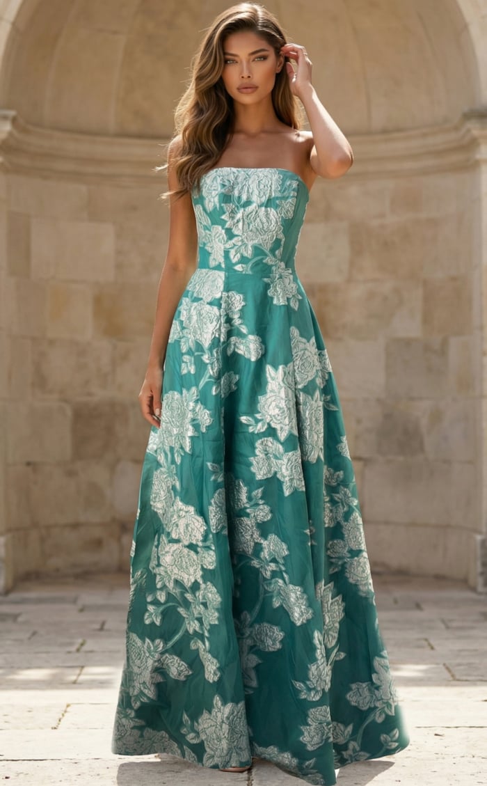 green and white strapless A line dress 45721