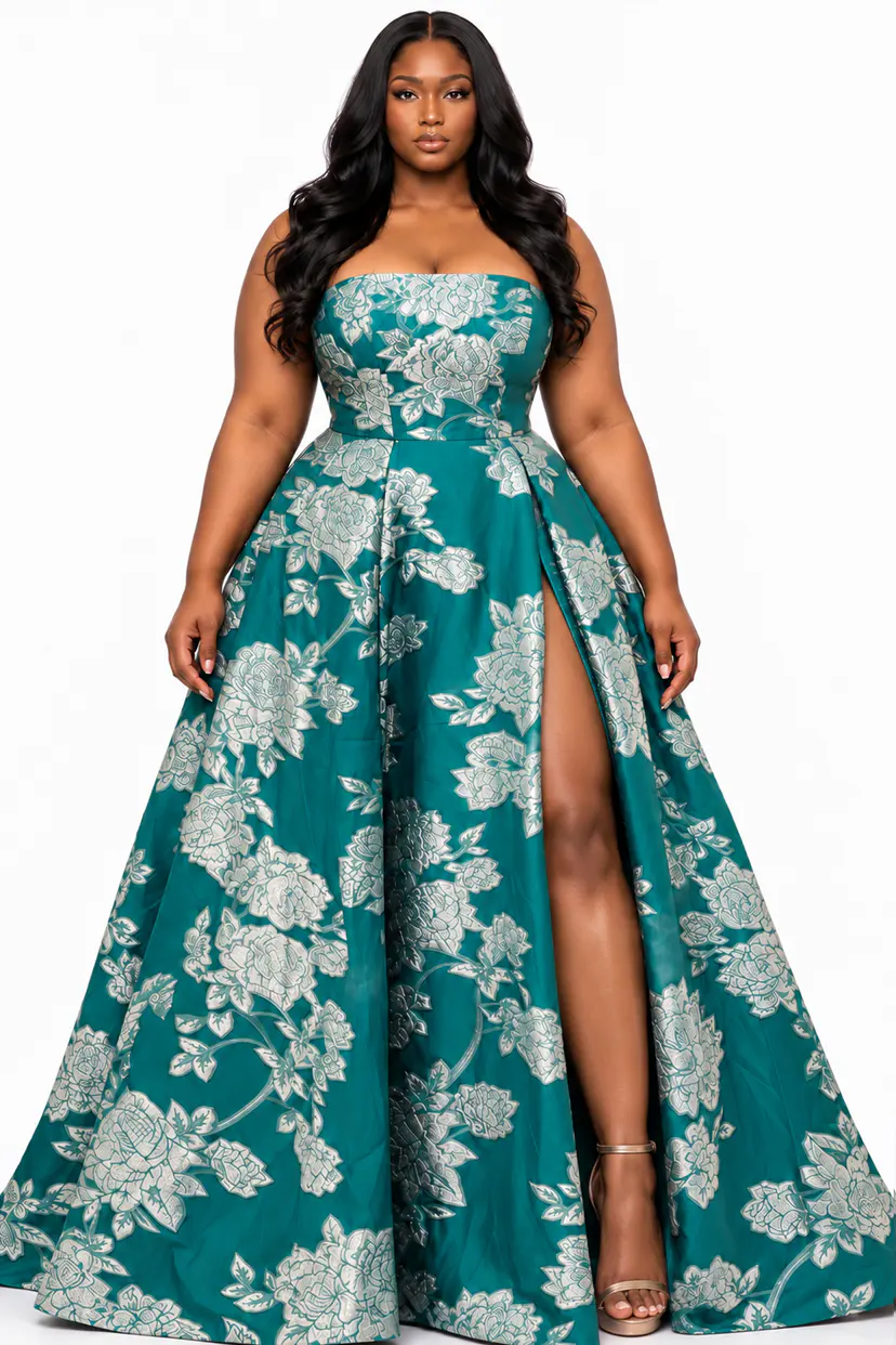 high slit white and green floral dress 45721