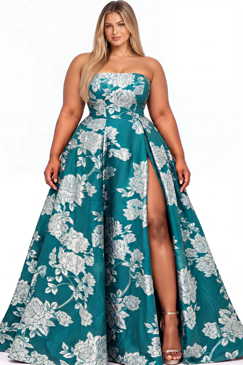 front of high slit strapless plus size dress 45721