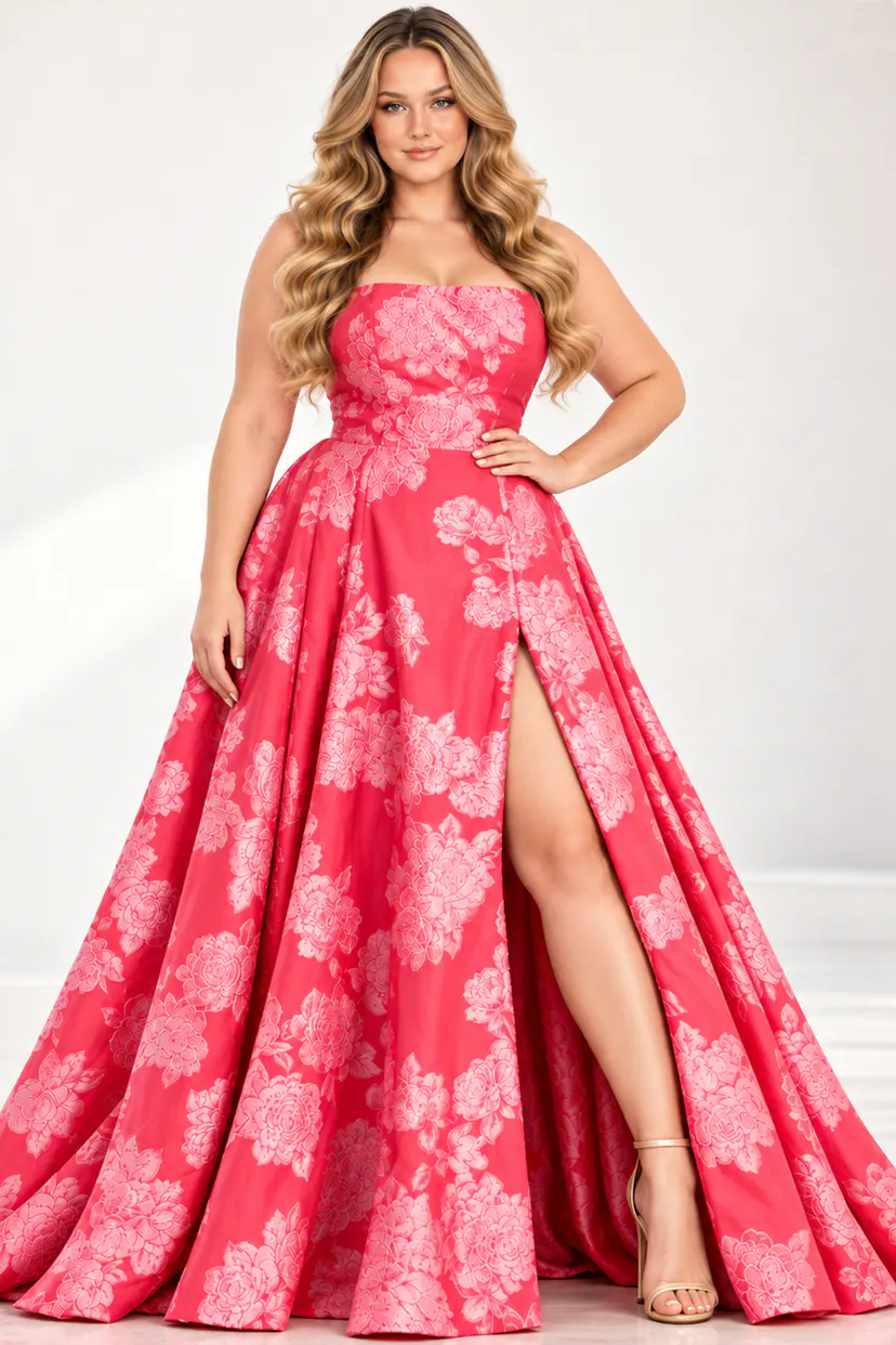 pink and white high slit plus size dress 45721