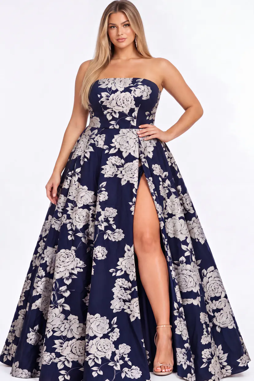 Navy floral embroidered strapless A line gown with high slit, plus size, Jovani style 45721