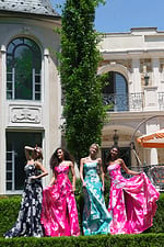 strapless jacquard gown with floral embroidery - four girls front, posing, peace sign, thigh-slits