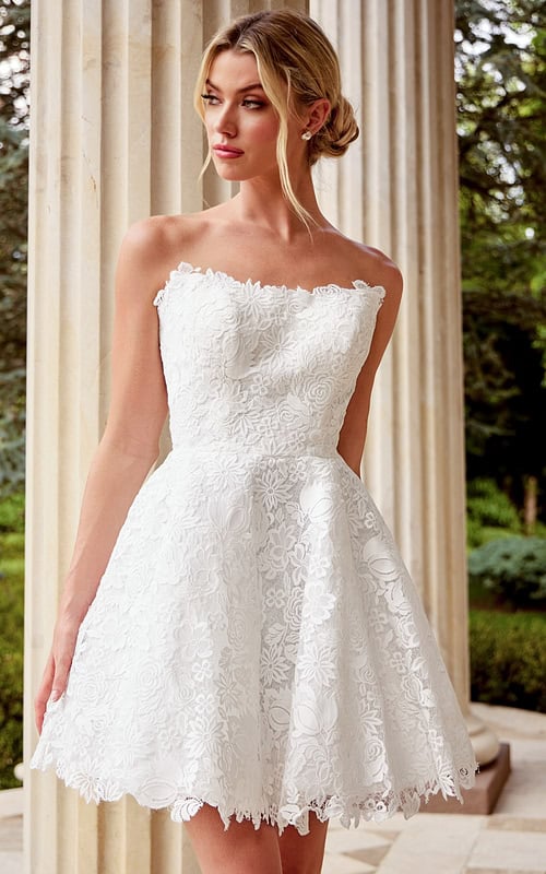 short white lace reception dress Strapless Short Lace Reception Dress DV2047 Size 8 / White