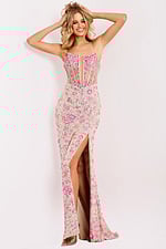 Floral beaded prom dress with sheer corset bodice