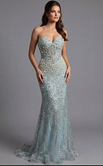 embellished strapless evening gown with intricate beadwork and floor length skirt